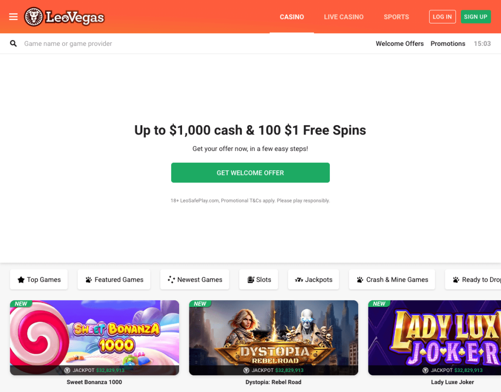 Leovegas Casino main page