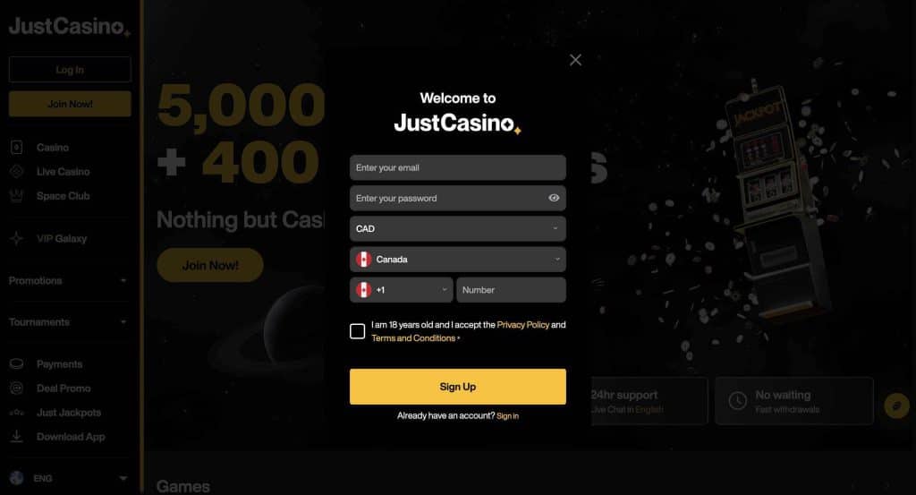 justcasino registration