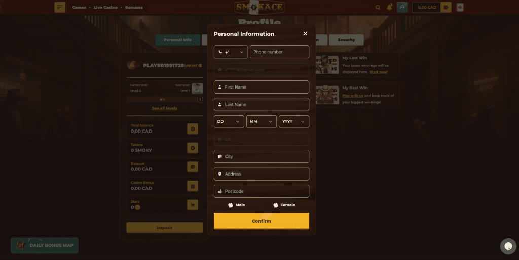 Smokace Casino Registration Form
