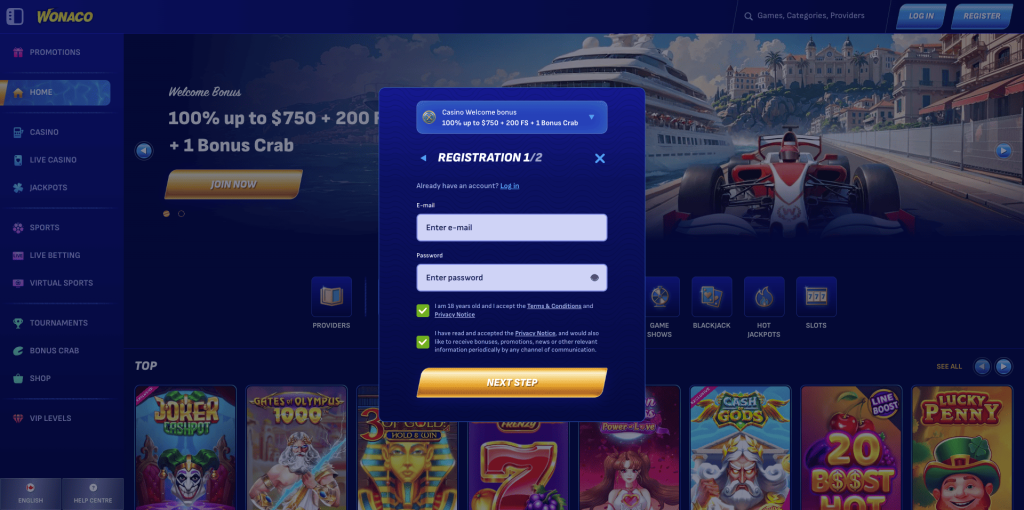 Wonaco Casino Registration
