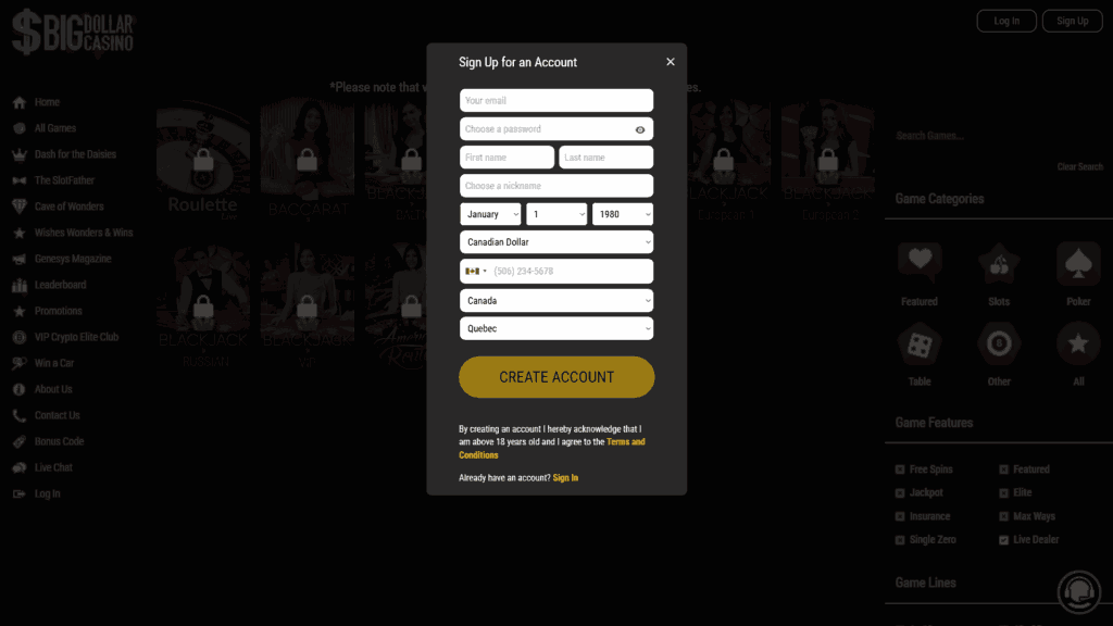 Big Dollar casino registration