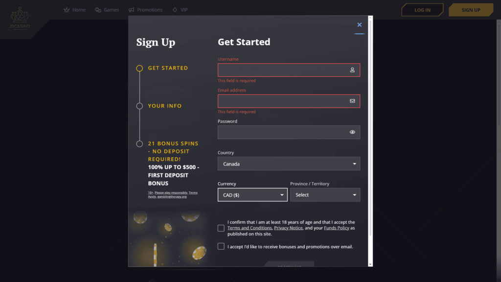 21 casino registration