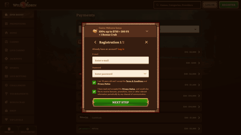 Wild Robin casino registration