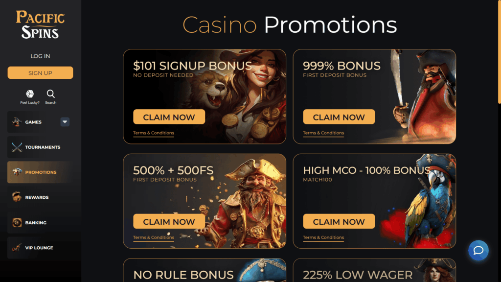Pacific Spins casino bonuses