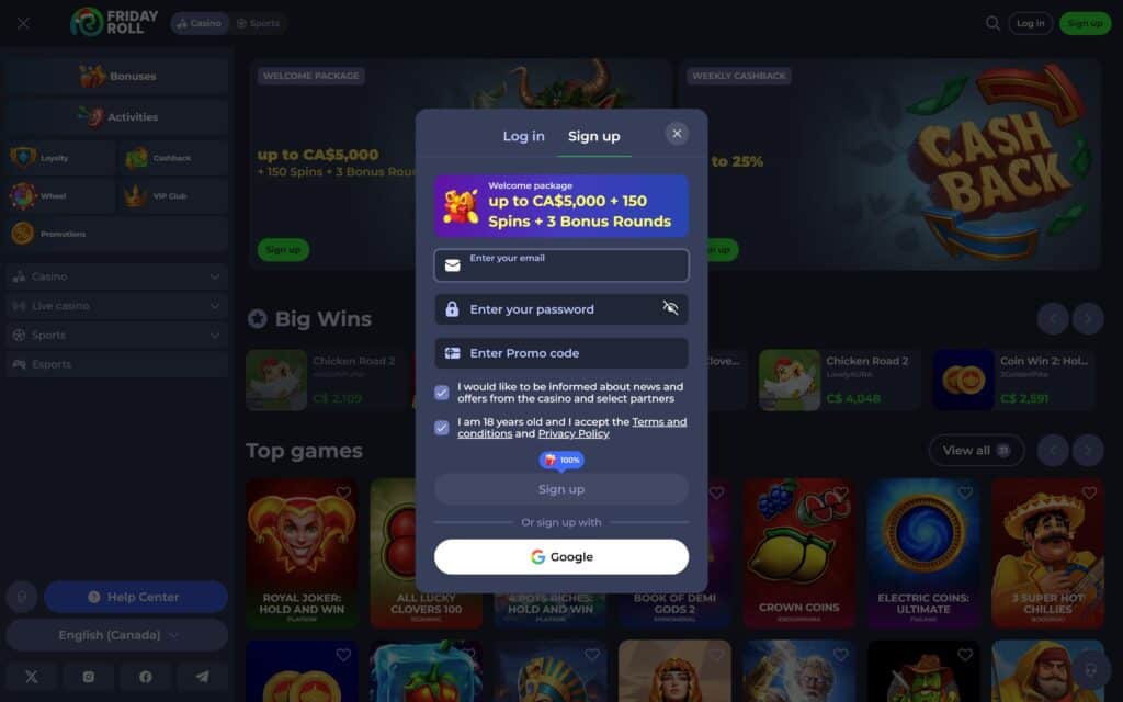 Fridayroll casino registration