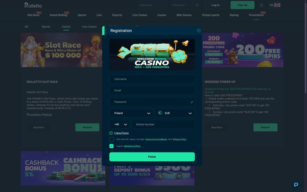 Rolletto casino registration