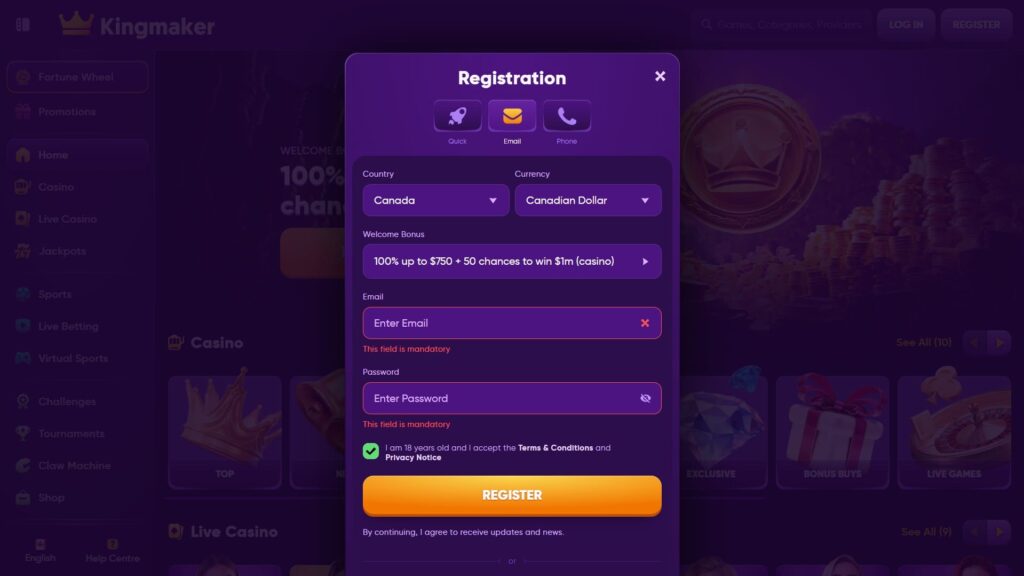 Kingmaker casino registration