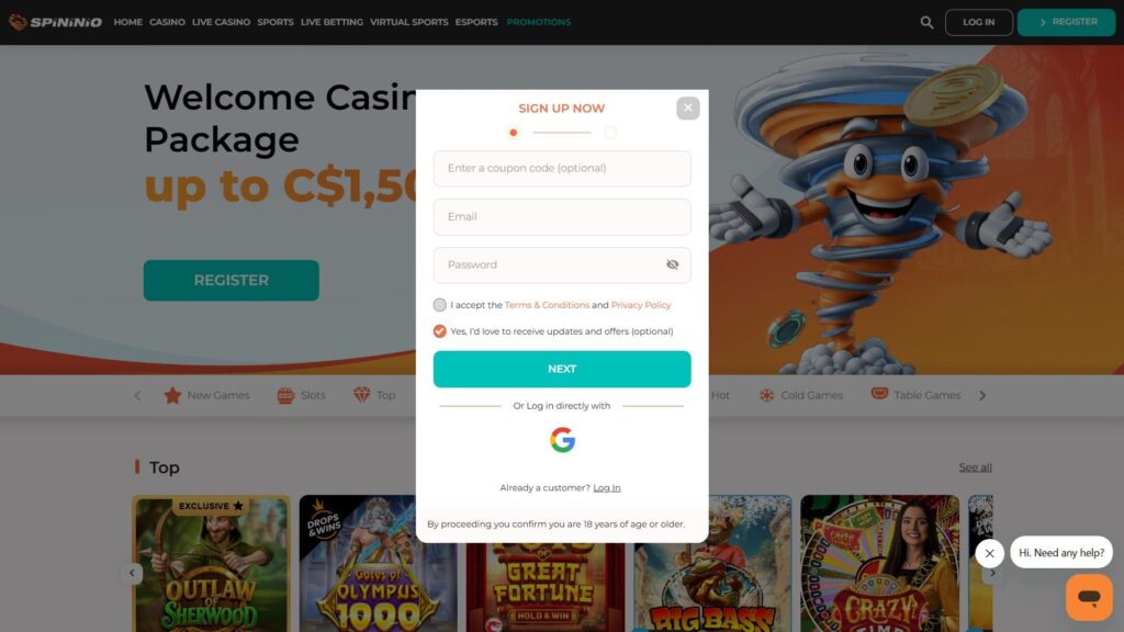Spininio casino registration