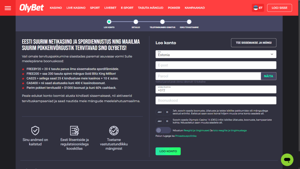 OlyBet kasiino registreerimine