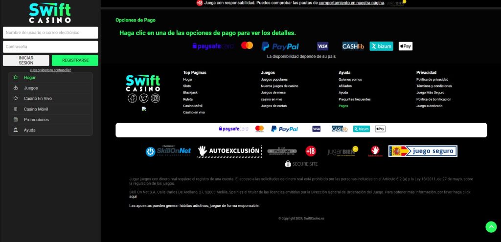 swiftcasino metodos de pago