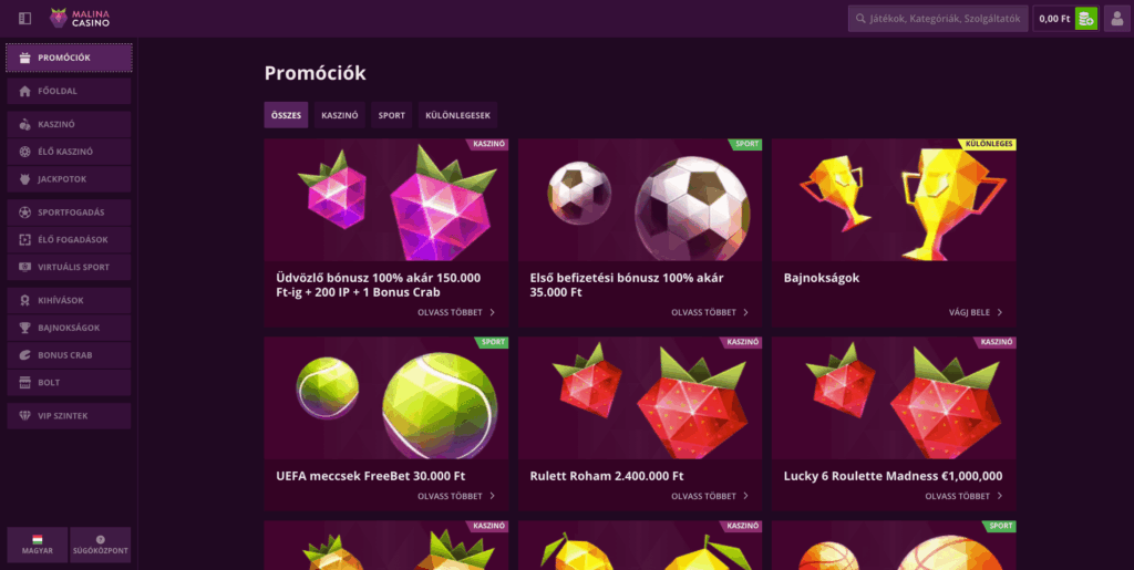 Malina Casino Bónuszok