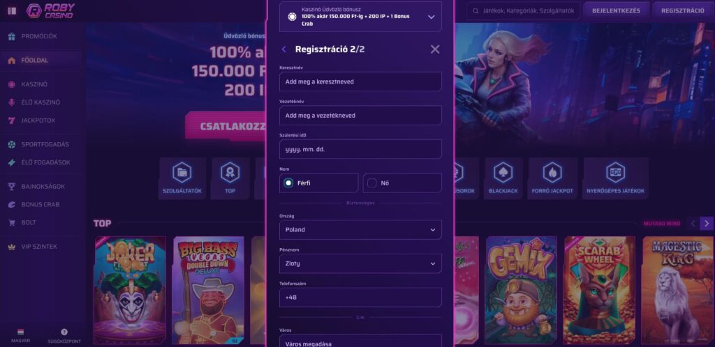 Roby Casino regisztráció