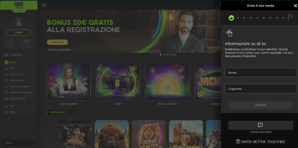 Registrazione al casinò 888