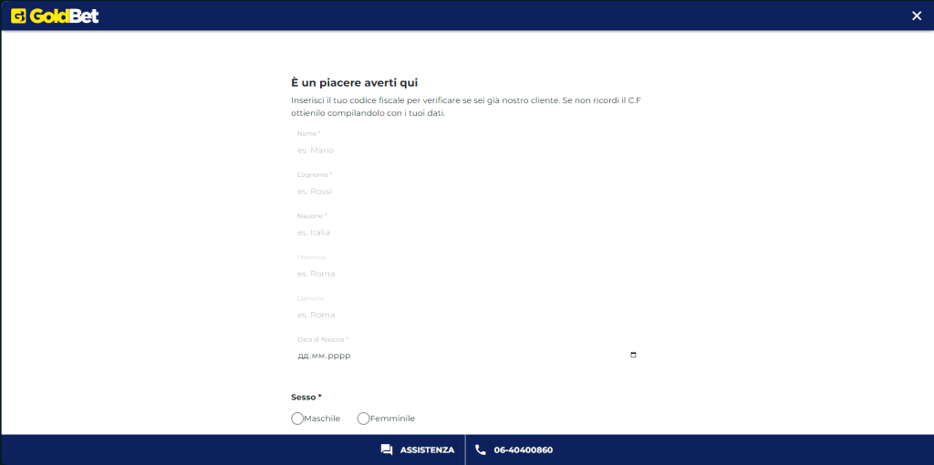 Registrazione al casinò Goldbet