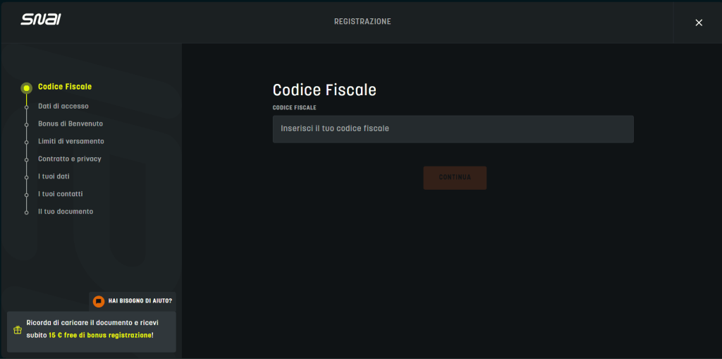 Registrazione al casinò Snai