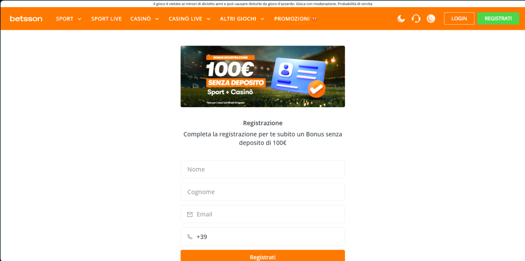 Registrazione al casinò Betsson