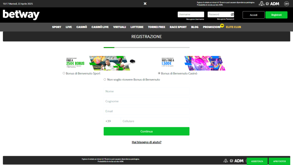 Registrazione al casinò Betway