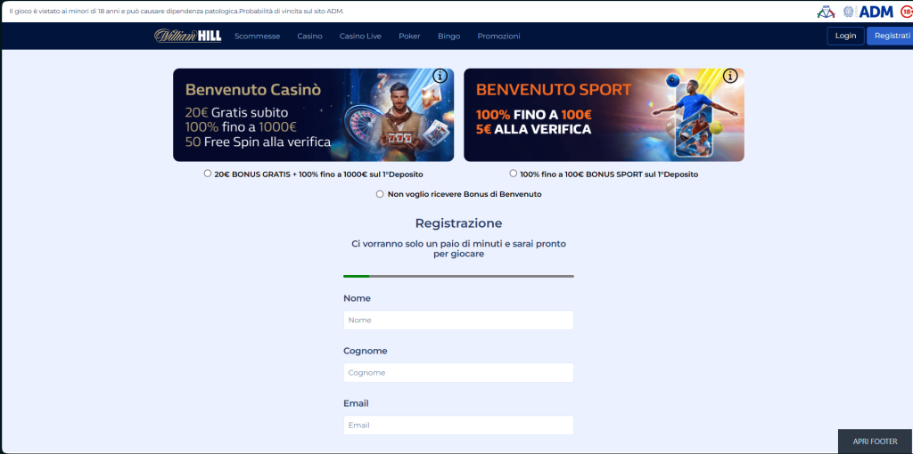 Registrazione al casinò William Hill