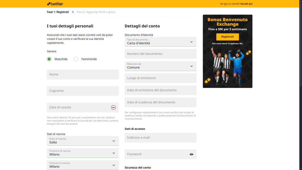Registrazione al casinò Betfair
