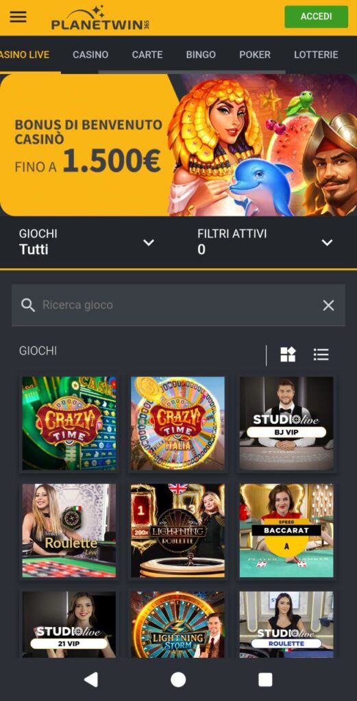 planetwin365 casino mobile live giochi