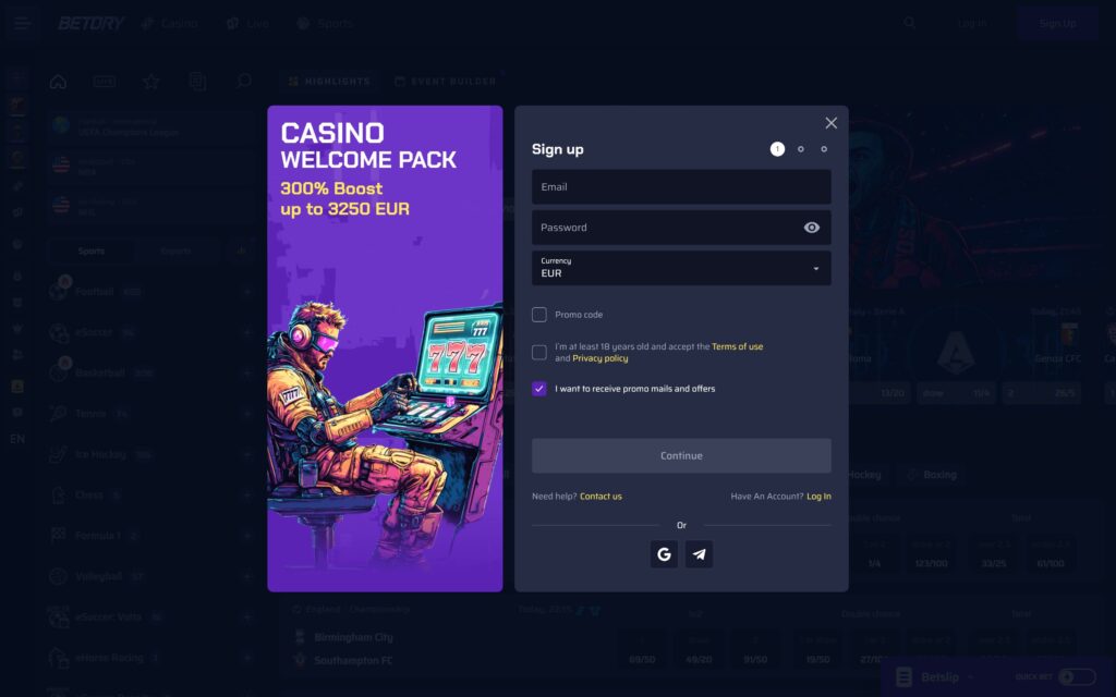 Betory casino registration
