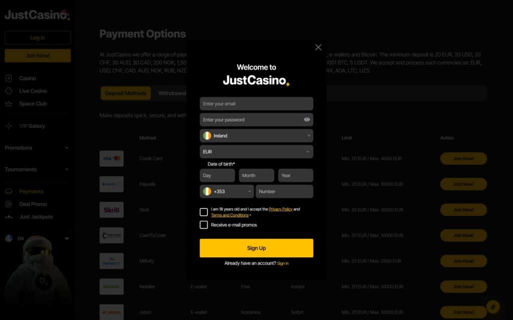 Just casino registration