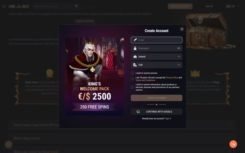 King Billy casino registration