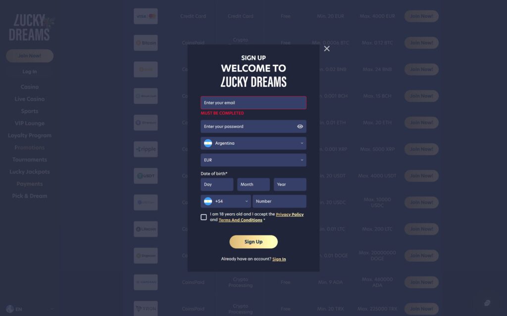 Lucky Dreams casino registration