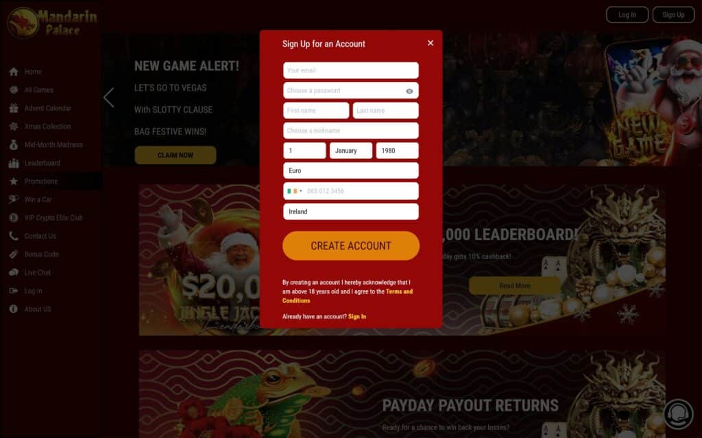 Mandarin Palace casino registration