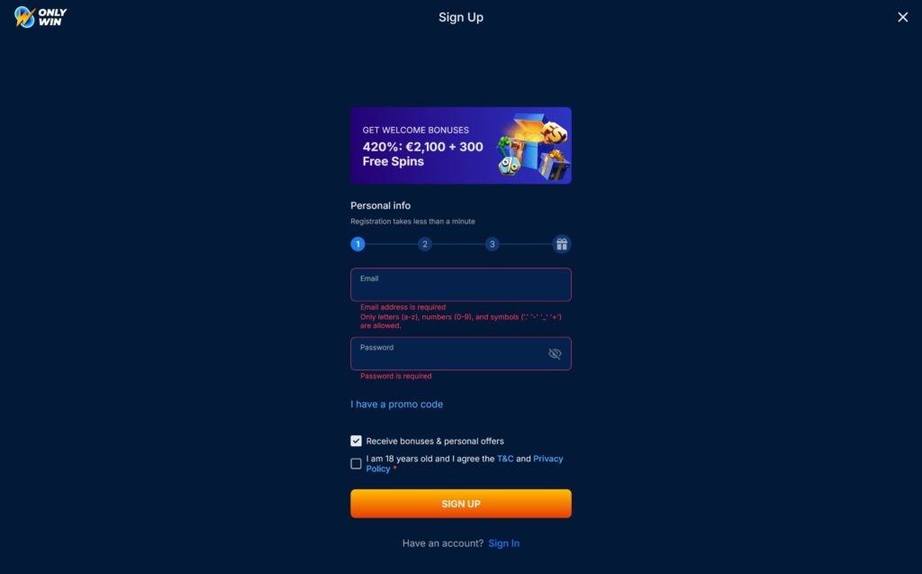 OnlyWin casino registration