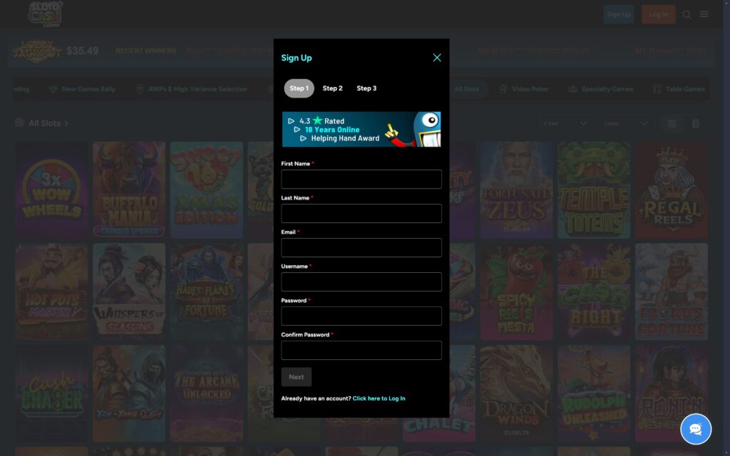 Sloto Cash casino registration