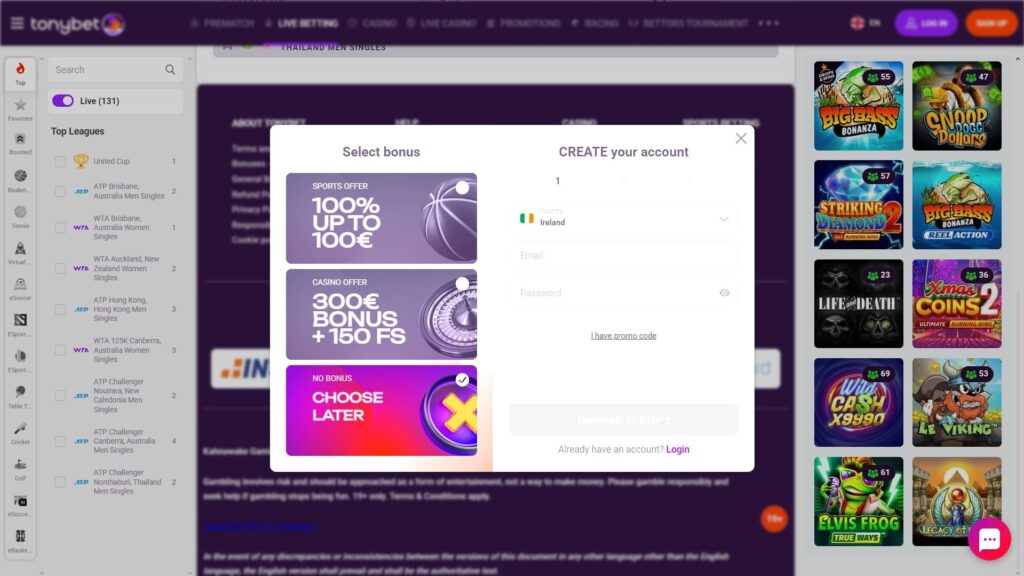 Tonybet casino registration