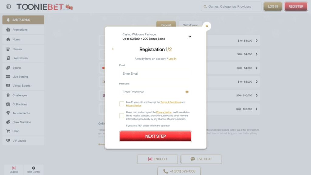 ToonieBet casino registration