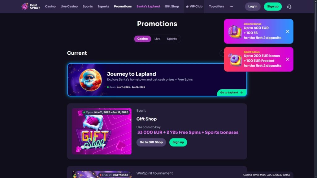 WinSpirit casino bonuses