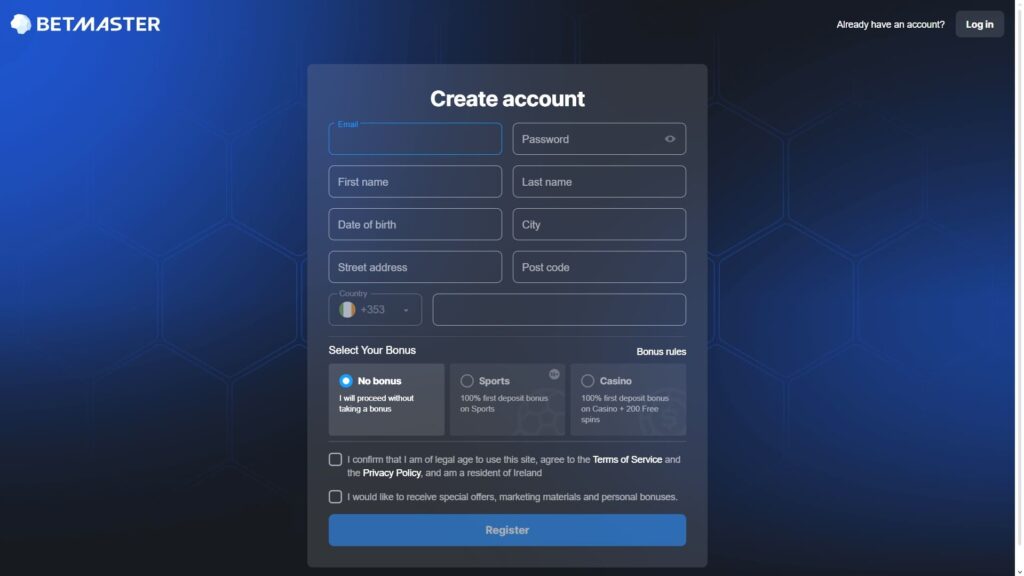 Betmaster casino registration