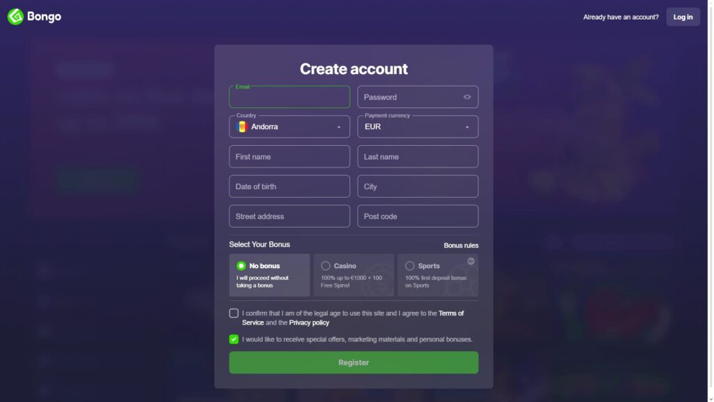 Bongo casino registration