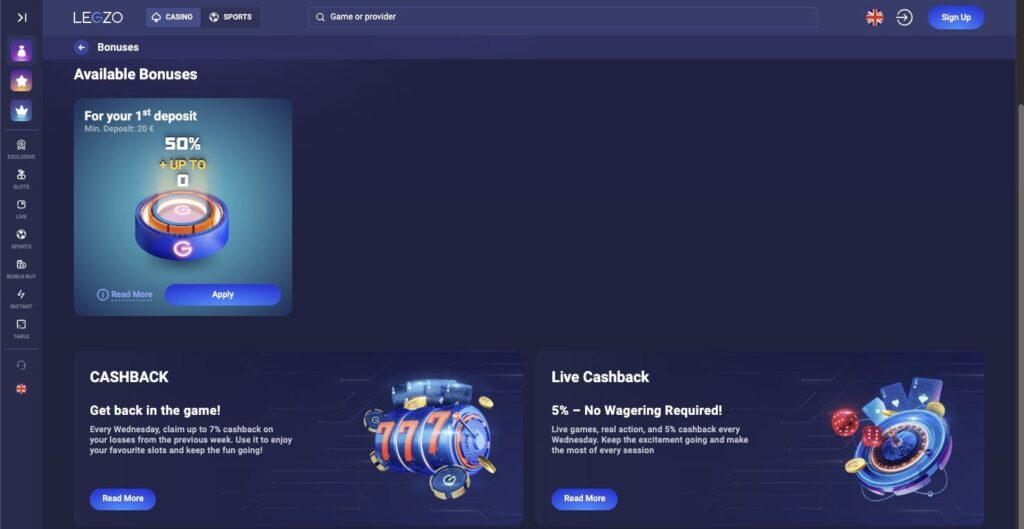 Legzo casino bonuses