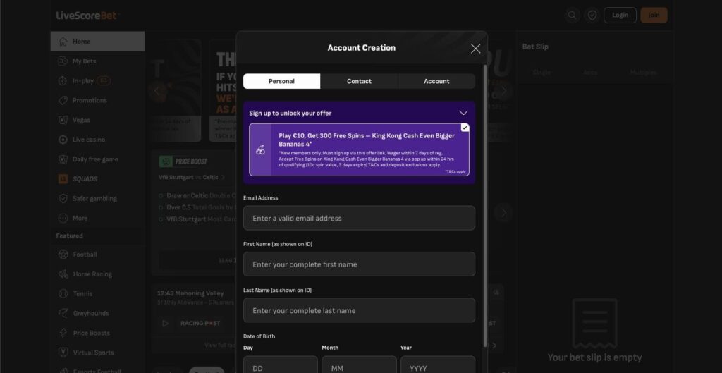 Livescore Bet casino registration