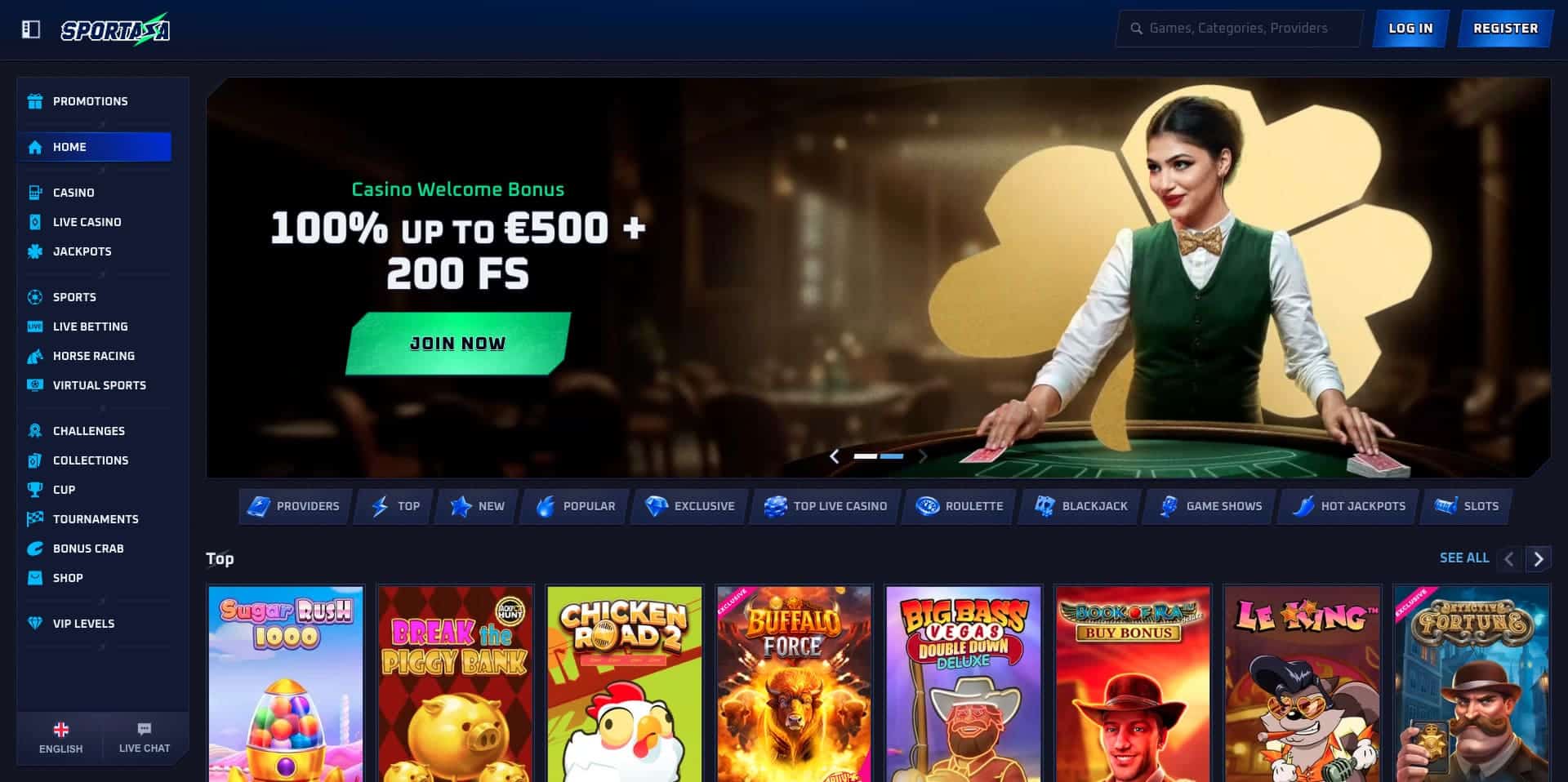 Schermata principale del sito di Sportaza Casino che mostra i giochi e le promozioni