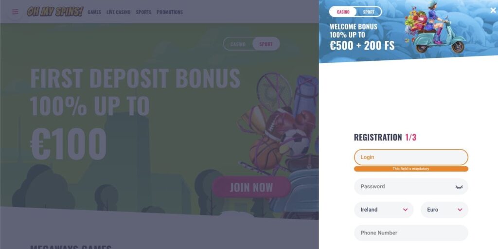 Oh My Spins casino registration